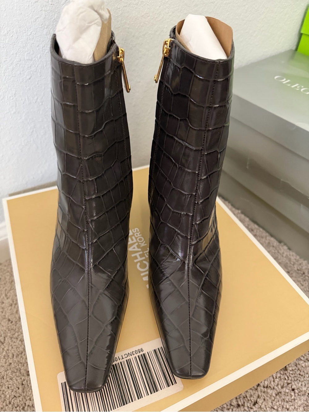 Michael Kors Dark Brown Croc-Embossed Leather Ankle Booties with Gold Zipper
